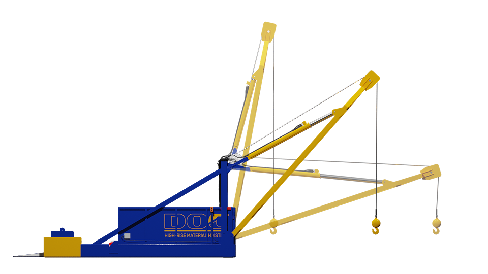 Luffing Hoist can boom up and down, allowing loads to be easily maneuvered into inner floors. Works great for long loads like pipe, iron, and ducting.