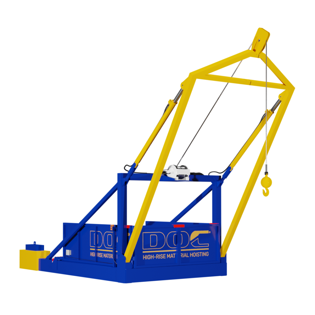 High Rise Material Hoist for hoisting construction equipment into upper floors of a high-rise construction project.