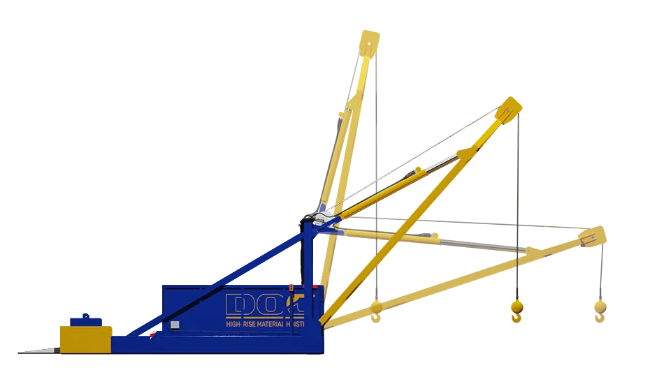 Luffing Hoist can boom up and down, allowing loads to be easily maneuvered into inner floors. Works great for long loads like pipe, iron, and ducting.