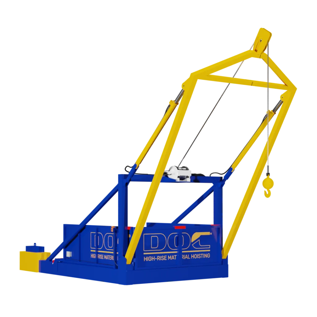 High Rise Material Hoist for hoisting construction equipment into upper floors of a high-rise construction project.